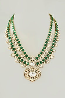 Gold Finish Green Kundan Polki Long Necklace