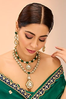 Gold Finish Green Kundan Polki Layered Necklace Set