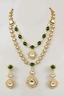 Gold Finish Green Kundan Polki Layered Necklace Set