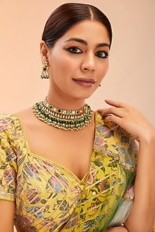 Gold Finish Kundan Polki & Green Onyx Drop Necklace Set