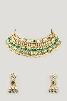 Gold Finish Kundan Polki & Green Onyx Drop Necklace Set