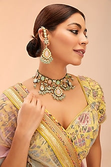 Gold Finish Kundan Polki & Green Onyx Drop Necklace Set