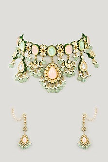 Gold Finish Kundan Polki & Green Onyx Drop Necklace Set