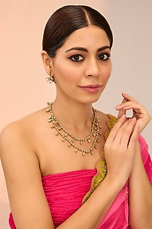Gold Finish Kundan Polki & Green Onyx Drop Layered Necklace Set