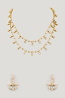 Gold Finish Kundan Polki & Green Onyx Drop Layered Necklace Set