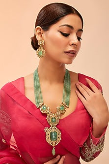 Gold Finish Mint Kundan Polki & Green Onyx Drop Long Necklace Set