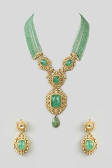 Gold Finish Mint Kundan Polki & Green Onyx Drop Long Necklace Set
