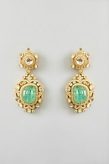 Gold Finish Mint Kundan Polki & Green Onyx Drop Long Necklace Set