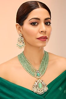Gold Finish Mint Kundan Polki Long Necklace Set