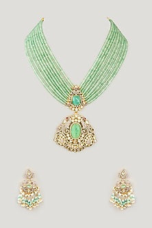 Gold Finish Mint Kundan Polki Long Necklace Set