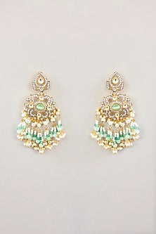 Gold Finish Mint Kundan Polki Long Necklace Set