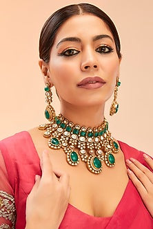 Gold Finish Green Moissanite Polki Necklace Set