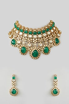 Gold Finish Green Moissanite Polki Necklace Set