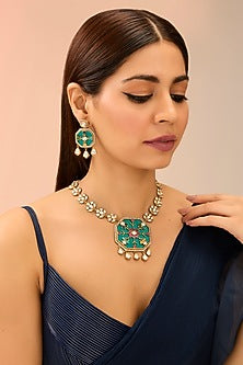 Gold Finish Turquoise Kundan Polki Necklace Set