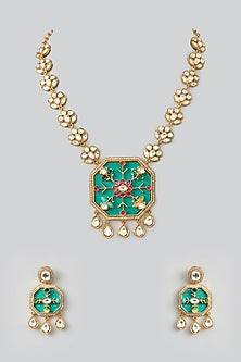 Gold Finish Turquoise Kundan Polki Necklace Set