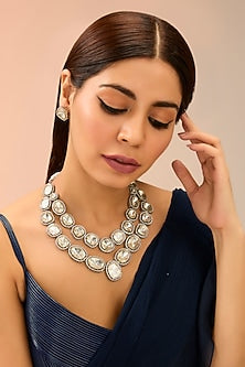 Silver Finish Two Tone Polki Long Necklace Set