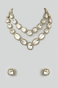 Silver Finish Two Tone Polki Long Necklace Set