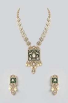 Gold Finish Green Kundan Polki Long Necklace Set