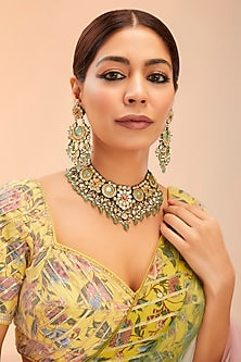 Gold Finish Mint Kundan Polki Necklace Set