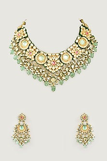 Gold Finish Mint Kundan Polki Necklace Set