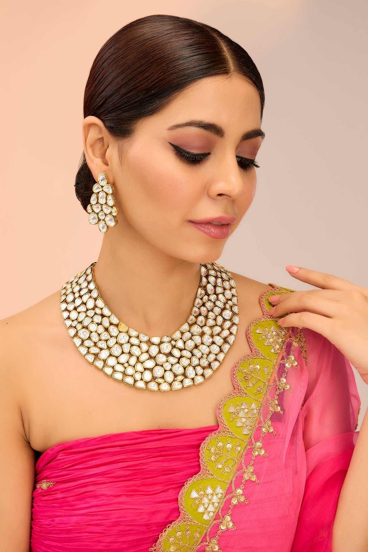 Gold Finish Kundan Polki Long Necklace Set