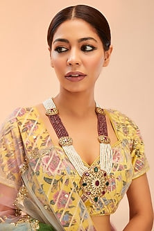 Gold Finish Ruby & Green Onyx Kundan Polki Long Necklace