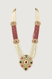 Gold Finish Ruby & Green Onyx Kundan Polki Long Necklace
