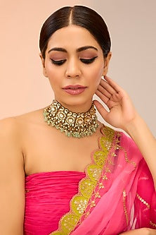 Gold Finish Mint Kundan Polki Choker Necklace