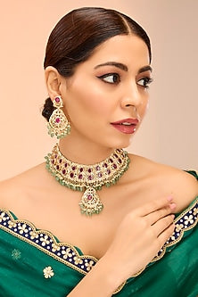 Gold Finish Ruby & Green Kundan Polki Necklace Set