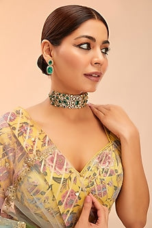 Gold Finish Green Kundan Polki Choker Necklace Set