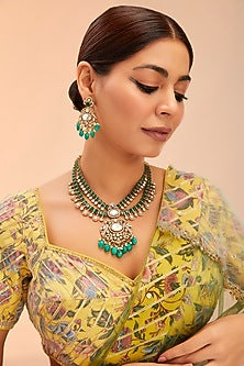 Gold Finish Green Kundan Polki Long Necklace Set