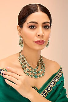 Gold Finish Mint Kundan Polki Long Necklace Set