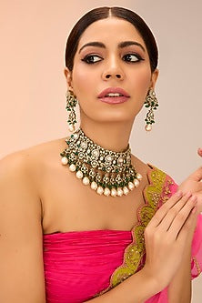 Antique Finish Green Kundan Polki Choker Necklace Set