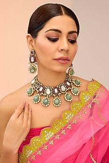Gold Finish Red & Mint Kundan Polki Necklace Set