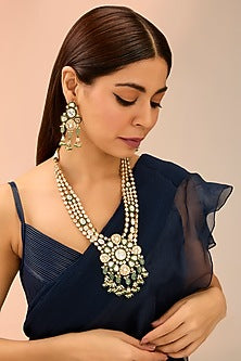 Gold Finish Green Kundan Polki Long Necklace Set