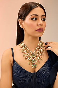 Gold Finish Red & Green Kundan Polki Long Necklace