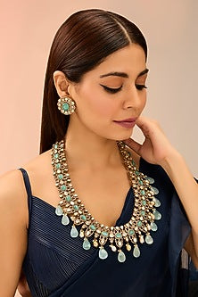 Gold Finish Mint Kundan Polki Long Necklace Set