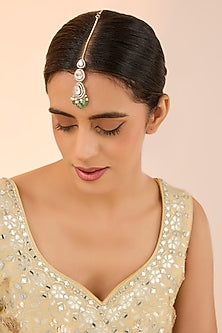 Silver Finish Kundan Polki & Green Onyx Maangtikka