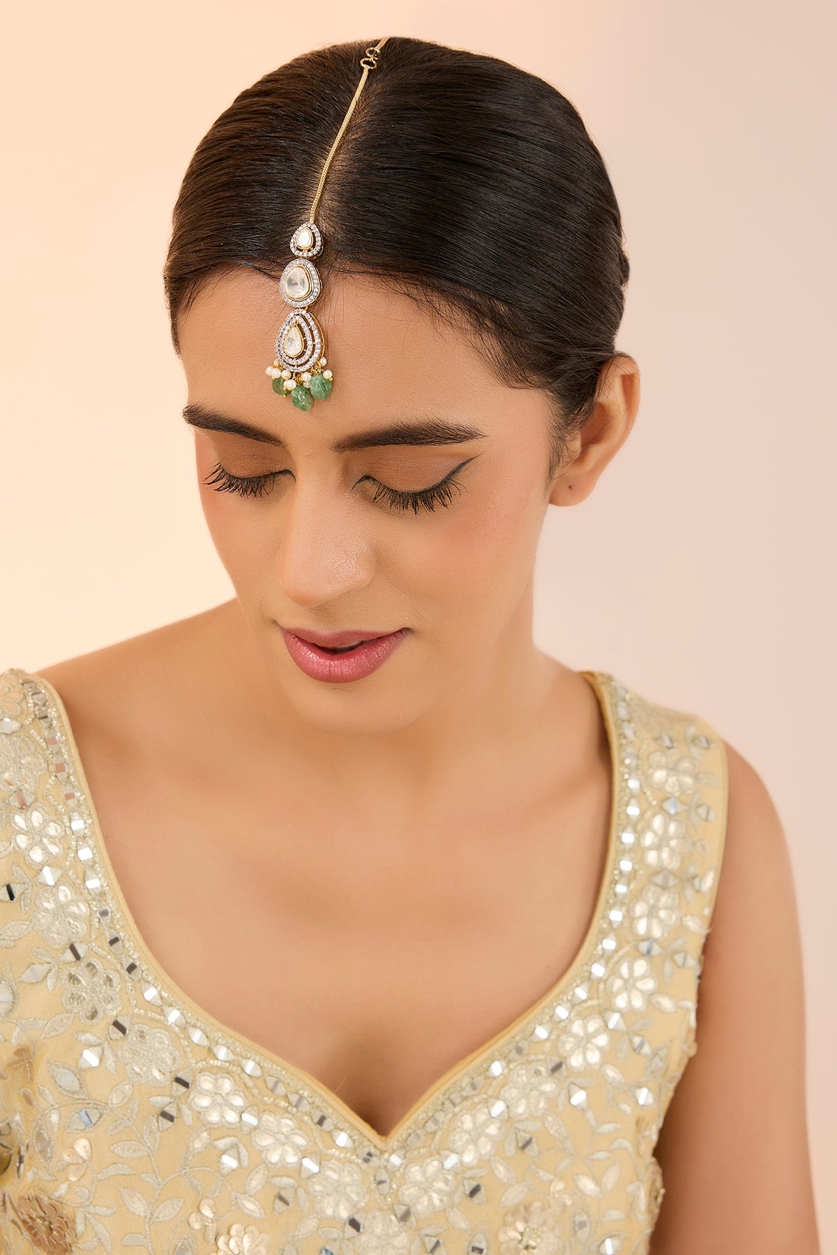 Silver Finish Kundan Polki & Green Onyx Maangtikka