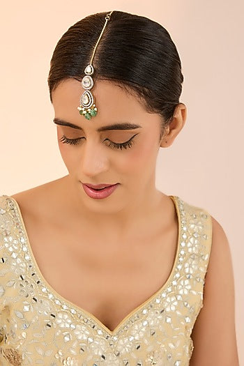 Silver Finish Kundan Polki & Green Onyx Maangtikka