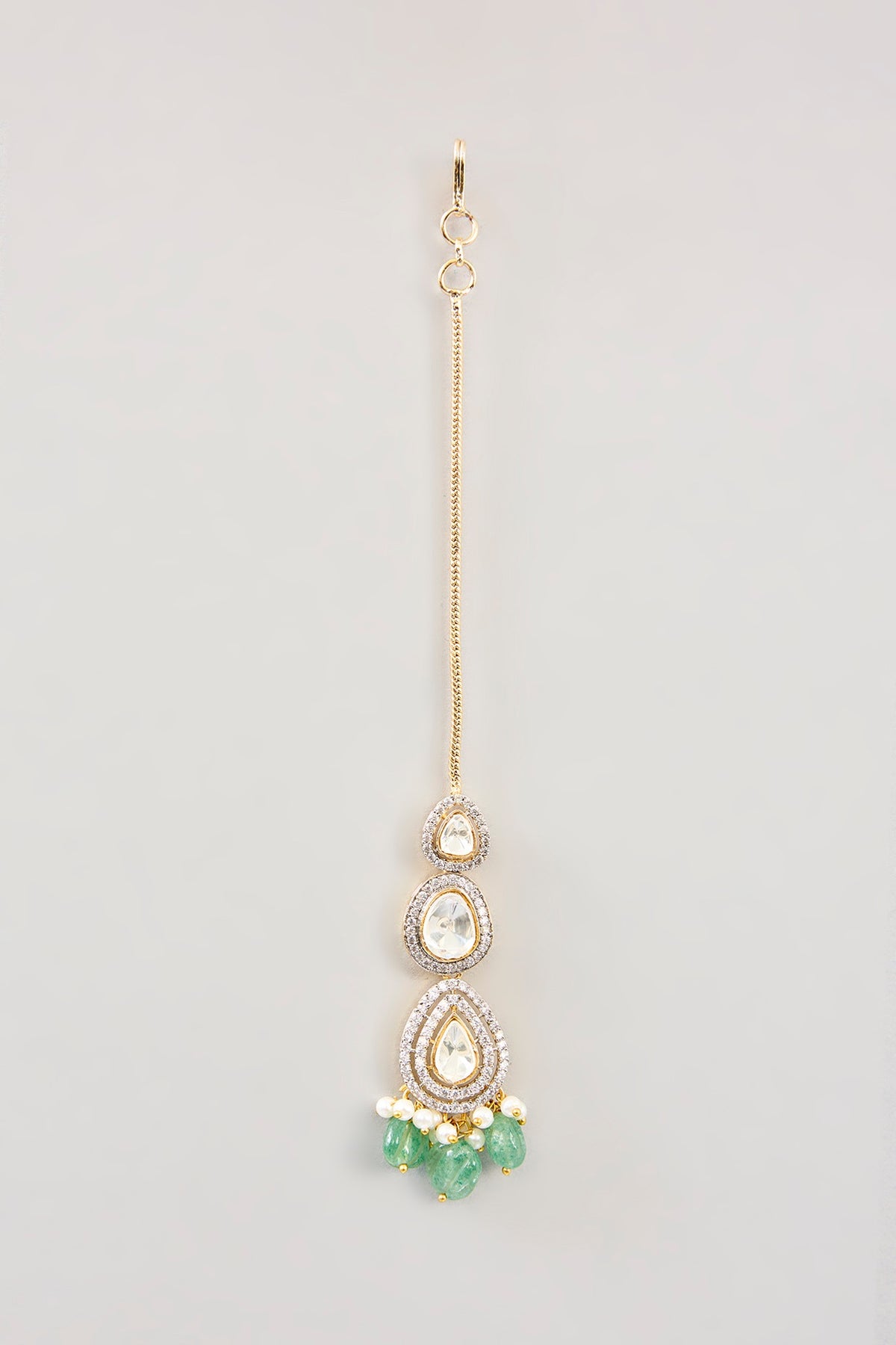 Silver Finish Kundan Polki & Green Onyx Maangtikka