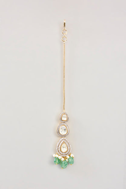 Silver Finish Kundan Polki & Green Onyx Maangtikka