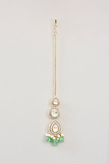 Silver Finish Kundan Polki & Green Onyx Maangtikka