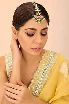 Gold Finish Kundan Polki & Green Onyx Maangtikka