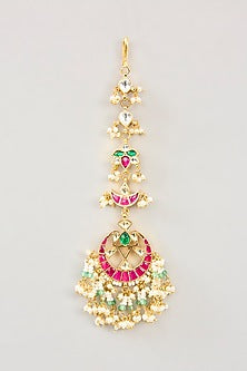 Gold Finish Kundan Polki & Green Onyx Maangtikka