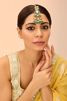 Antique Gold Finish Kundan Polki & Green Onyx Maangtikka