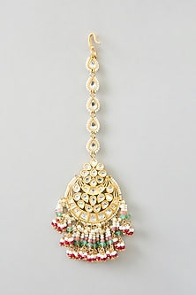 Gold Finish Kundan Polki & Multi-Colored Drop Maangtikka