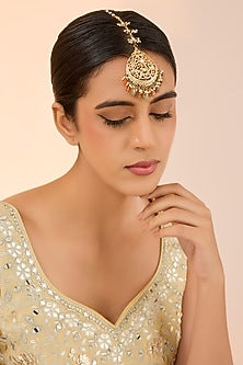 Gold Finish Jadau Kundan Polki & Green Onyx Maangtikka