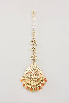 Gold Finish Jadau Kundan Polki & Green Onyx Maangtikka