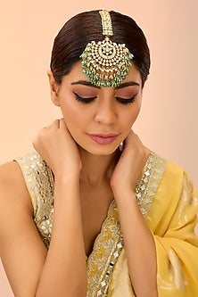 Gold Finish Kundan Polki & Green Onyx Maangtikka